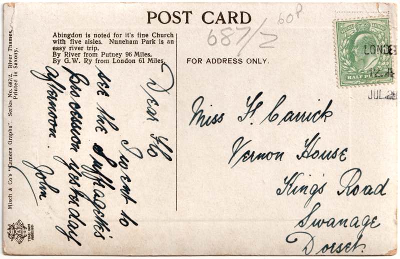The reverse of an old postcard. The postcard is of Abingdon: St. Helen's from the Bridge