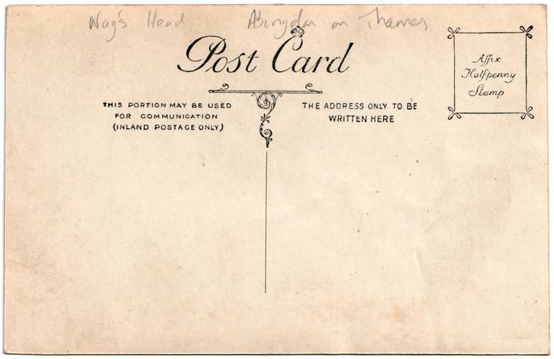 The reverse of an old postcard. The postcard is of Abingdon: The Bridge