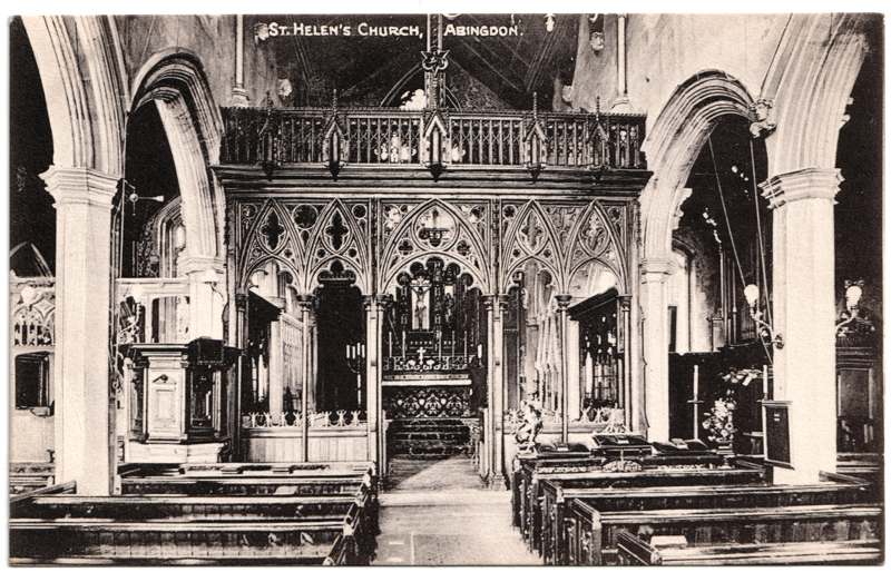 The front of an old postcard. The postcard is of Abingdon: St. Helen's Church and the Almshouses