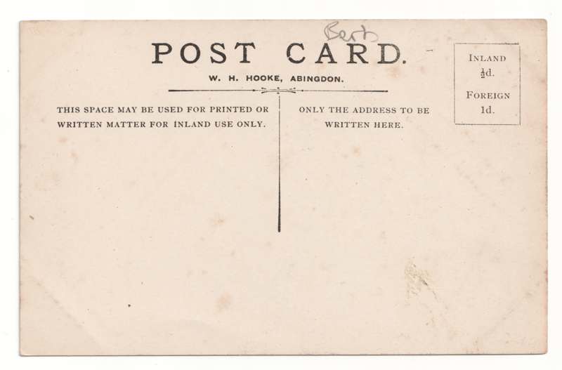 The reverse of an old postcard. The postcard is of Abingdon: St. Helen's Church and the Almshouses