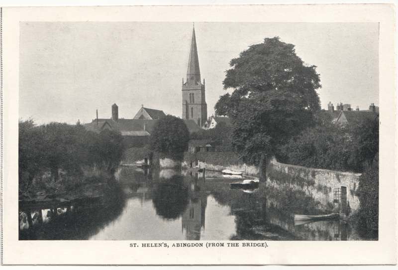 The front of an old postcard. The postcard is of Abingdon: St. Helen's from the Bridge