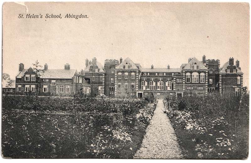 The front of an old postcard. The postcard is of Abingdon: Schools