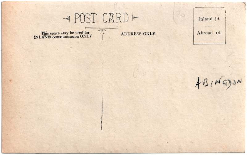 The reverse of an old postcard. The postcard is of Abingdon: Town Centre Streets