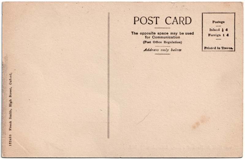 The reverse of an old postcard. The postcard is of Abingdon: Marketplace