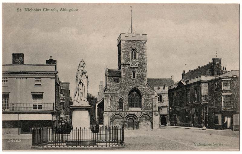 The front of an old postcard. The postcard is of Abingdon: Abbey Gateway