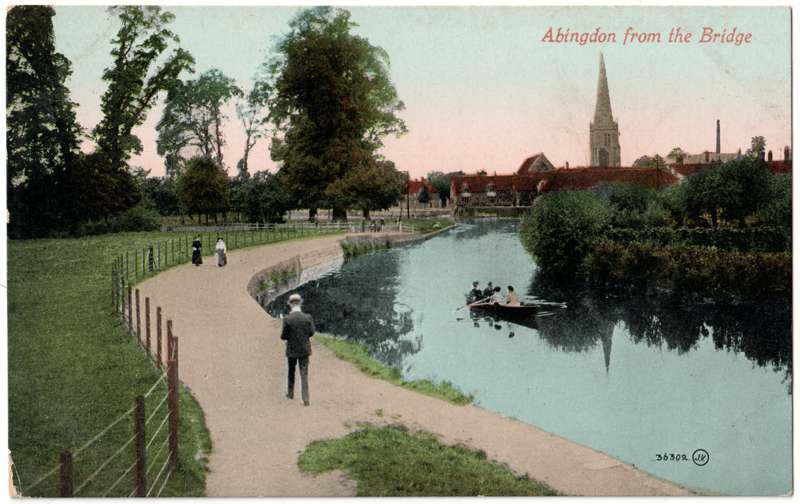 The front of an old postcard. The postcard is of Abingdon: St. Helen's from the Bridge
