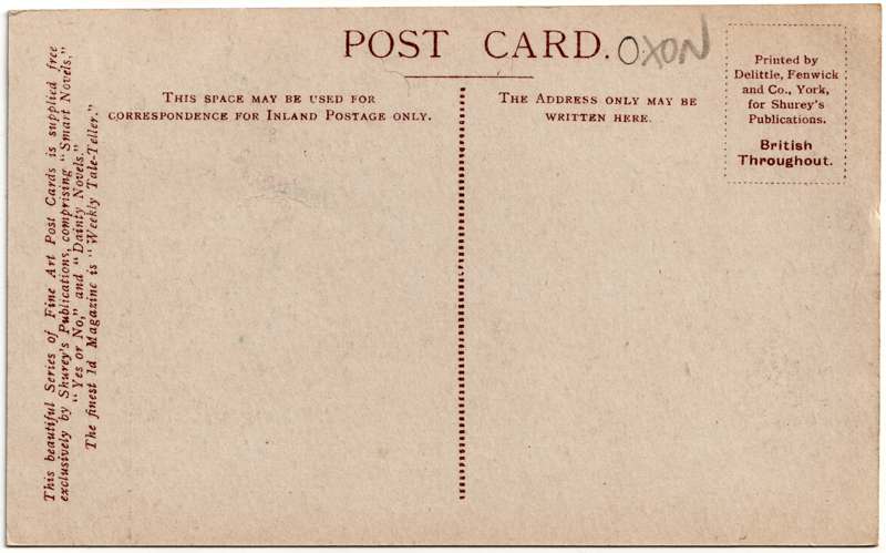 The reverse of an old postcard. The postcard is of Abingdon: Marketplace