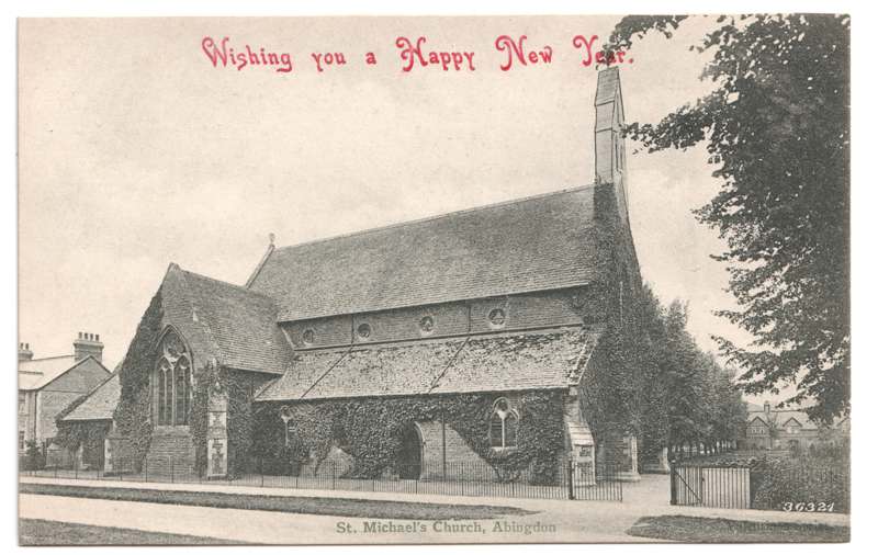 The front of an old postcard. The postcard is of Abingdon: Albert Park and Abingdon School