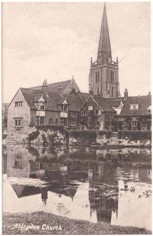 The front of an old postcard. The postcard is of Abingdon: St. Helen's Church and the Almshouses