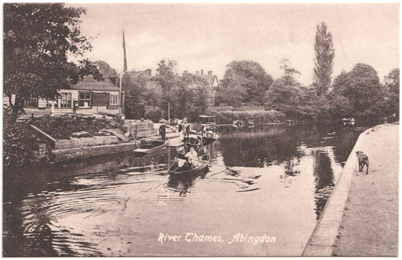 The front of an old postcard. The postcard is of Abingdon: The Bridge