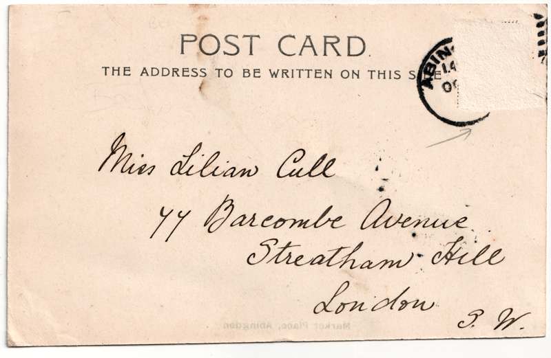 The reverse of an old postcard. The postcard is of Abingdon: Marketplace