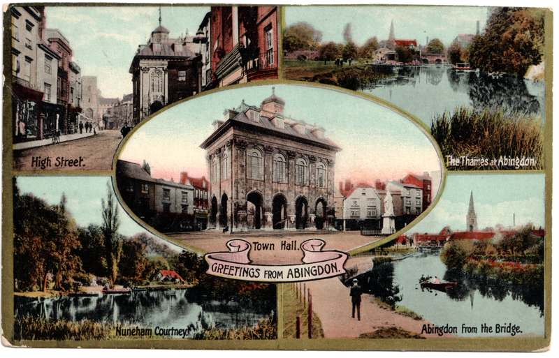 The front of an old postcard. The postcard is of Abingdon: Multiview