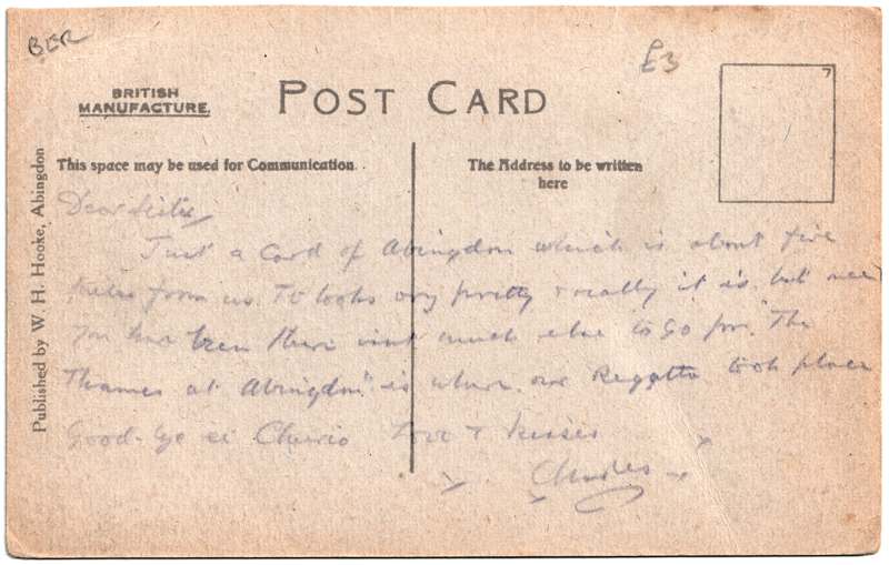 The reverse of an old postcard. The postcard is of Abingdon: Multiview