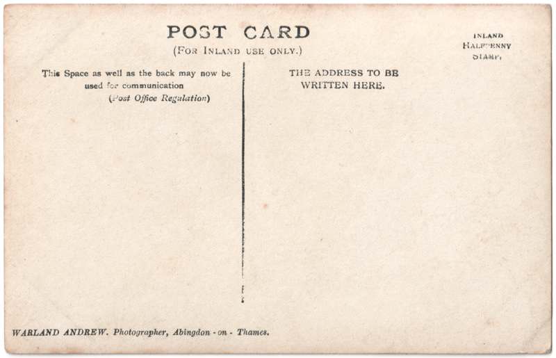 The reverse of an old postcard. The postcard is of Abingdon: St. Helen's Church and the Almshouses